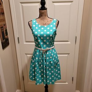 Women's white polka dots and teal dress w/v-neck back w/pleats